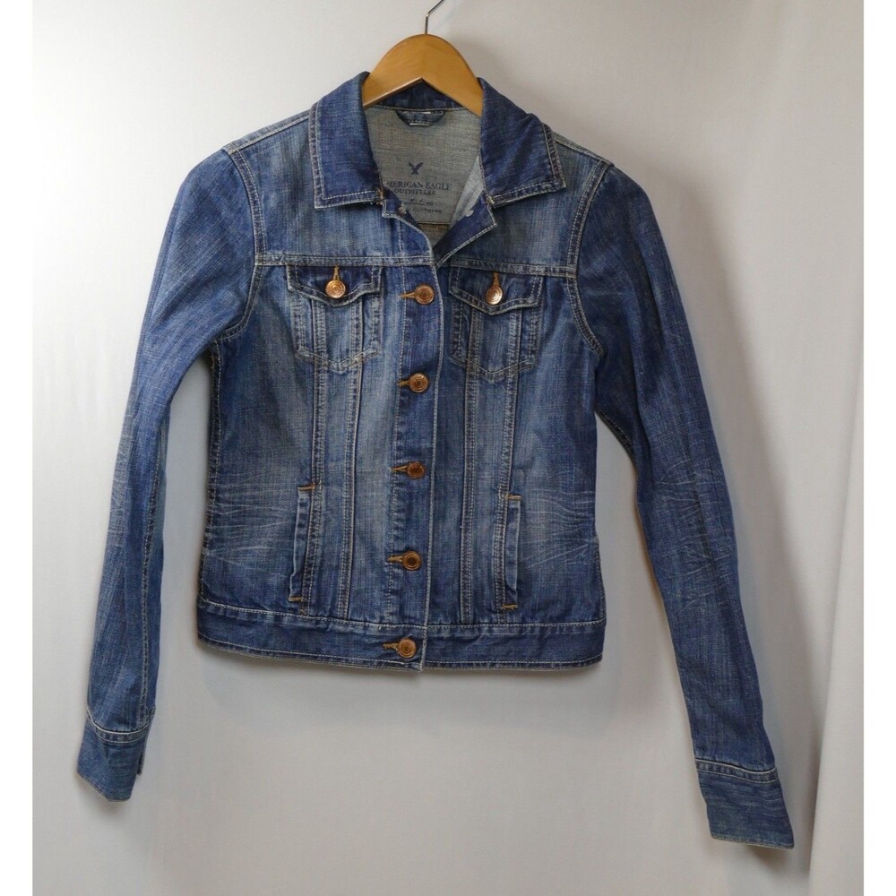 American Eagle Denim Jacket Womens Small Blue Jean Trucker Fitted